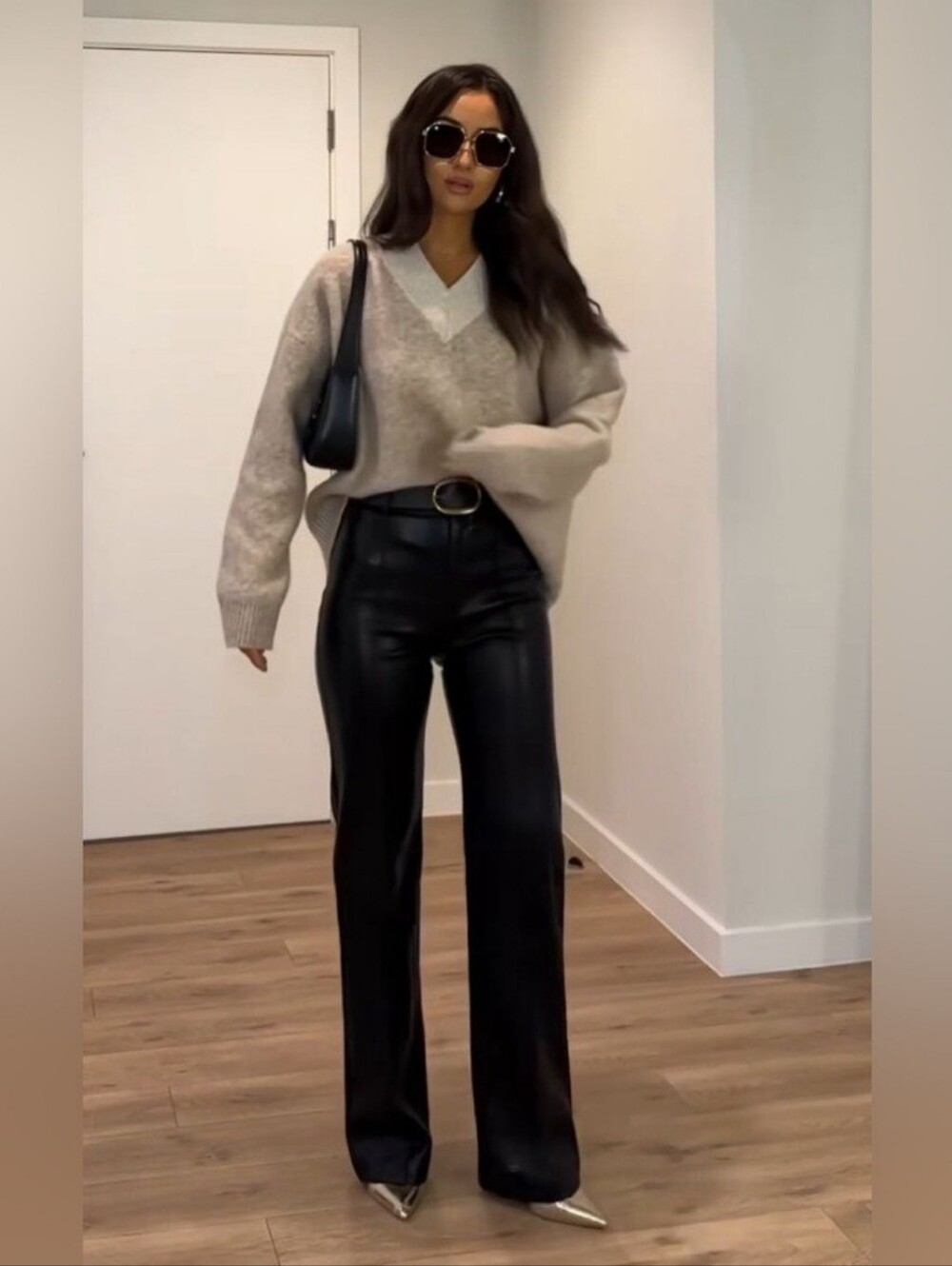 NWT ✨️ BECAUSE OF ALICE || BOA Leather Wide Leg Black Trousers - Picture 2 of 14